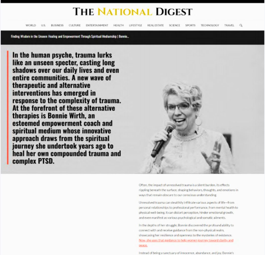 Bonnie Wirth featured in National Digest for Spiritual Healing